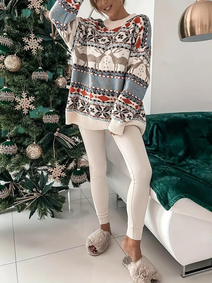 Fenella oversized reindeer Christmas sweater, front view