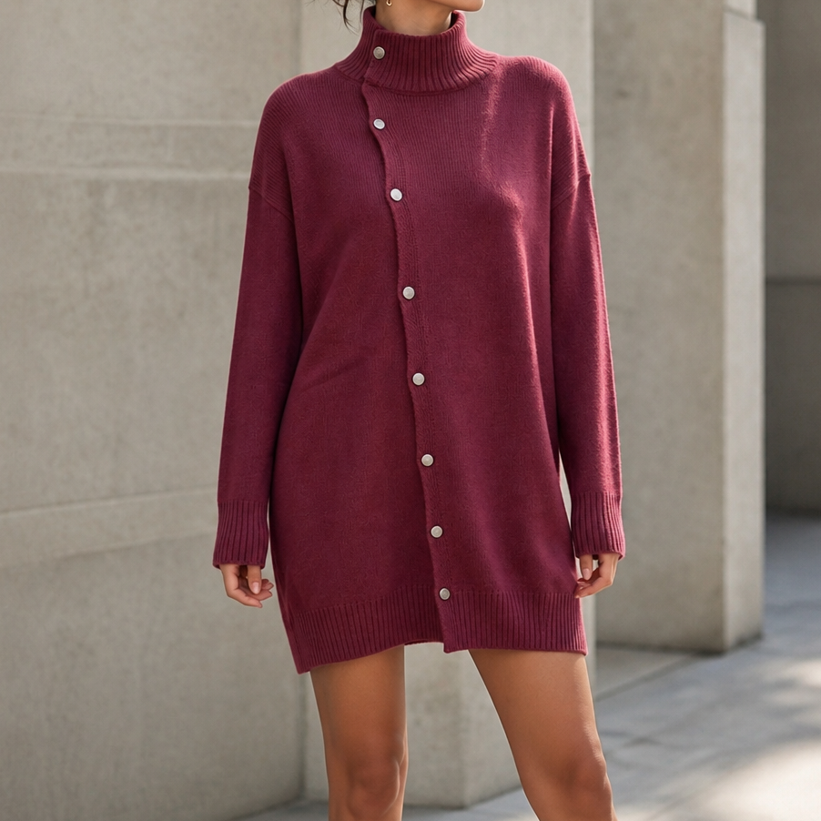 Marigold oversized turtleneck sweater dress, seated side view with ankle boots