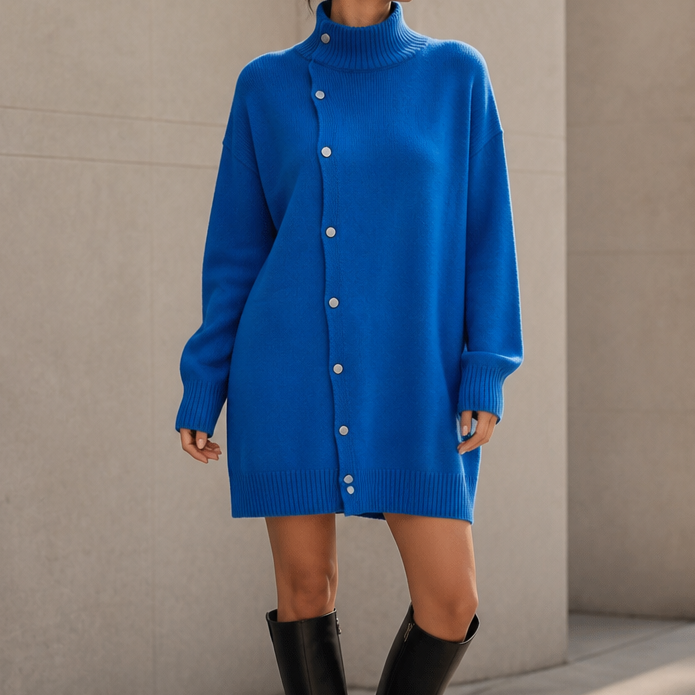 Marigold oversized turtleneck sweater dress, seated side view with ankle boots