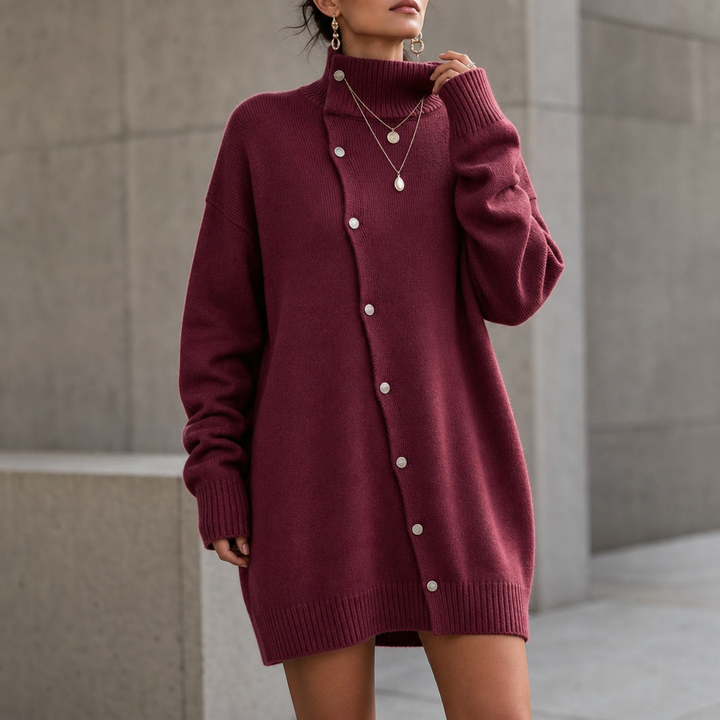 Marigold oversized turtleneck sweater dress, close-up detail of snap placket