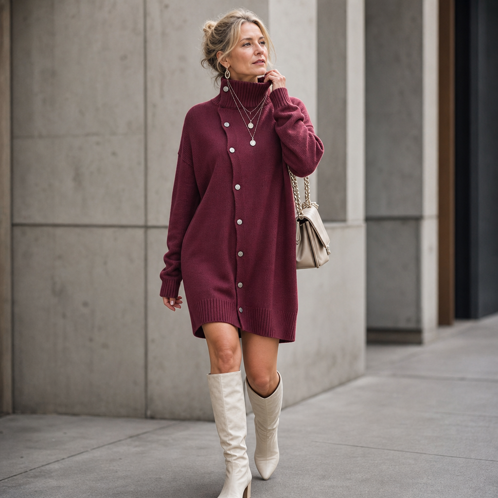 Marigold oversized turtleneck sweater dress styled with knee-high boots, full length front view
