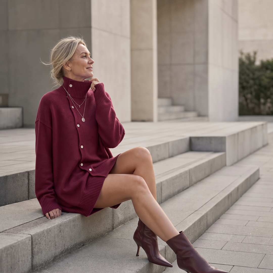 Marigold oversized turtleneck sweater dress, seated side view with ankle boots