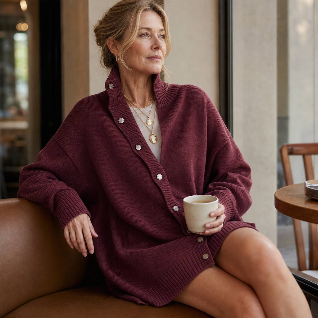Marigold oversized turtleneck sweater dress, seated side view with ankle boots