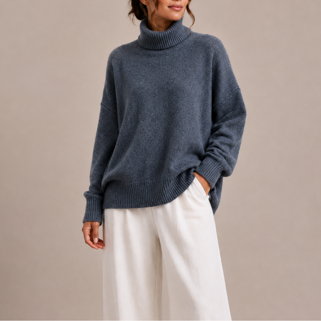 Teodora oversized turtleneck sweater in navy, front view