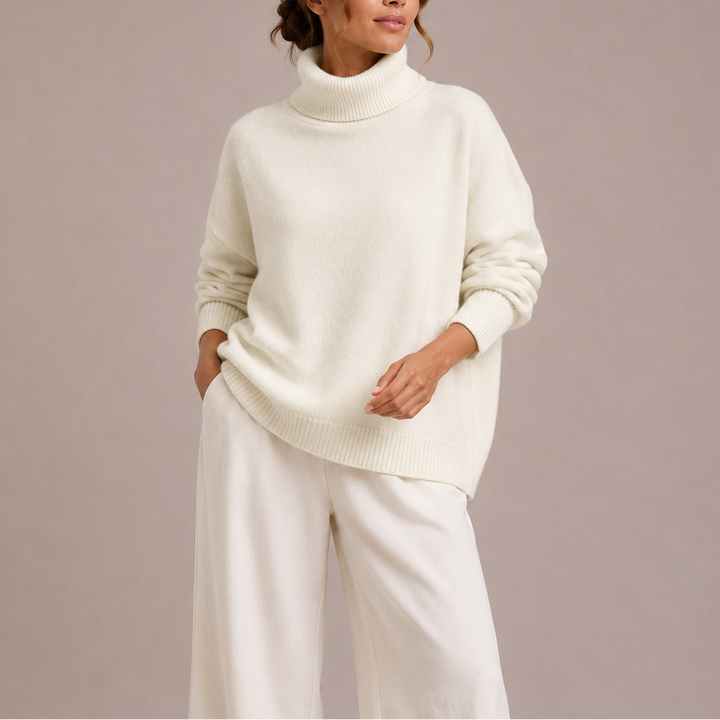 Teodora oversized turtleneck sweater in white, front view