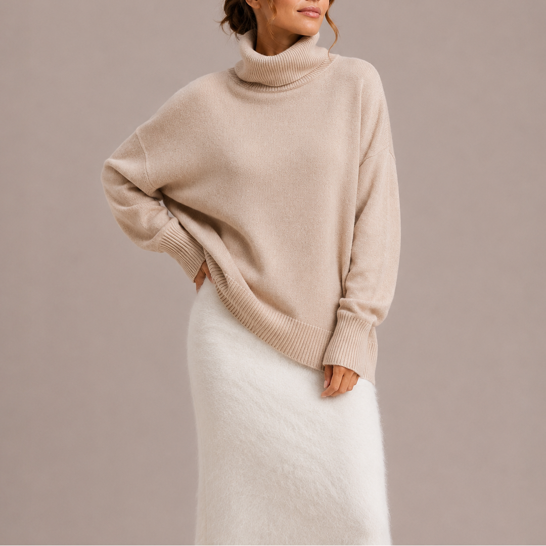 Teodora oversized turtleneck sweater in beige, side view