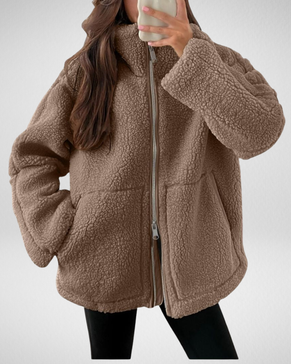 Odalys oversized sherpa jacket in brown, front view with zip closed