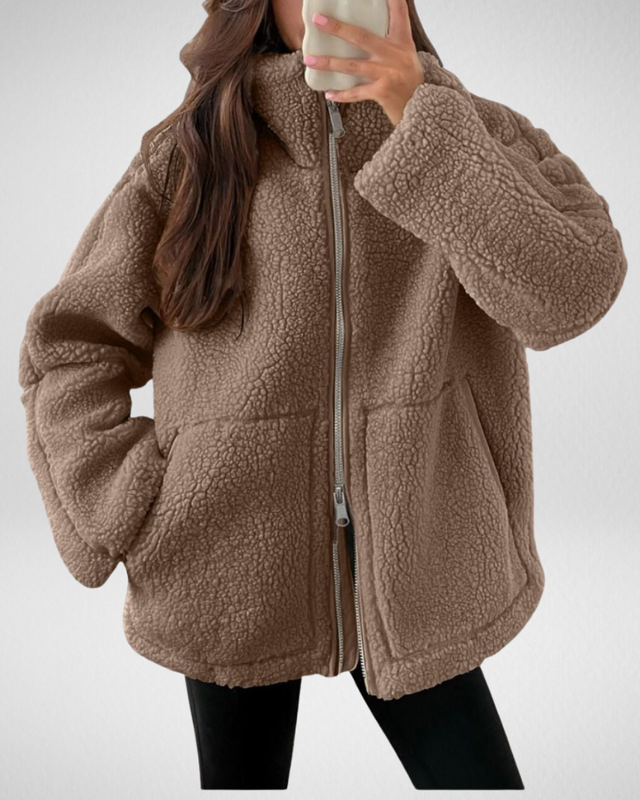 Odalys oversized sherpa jacket in brown, front view with zip closed