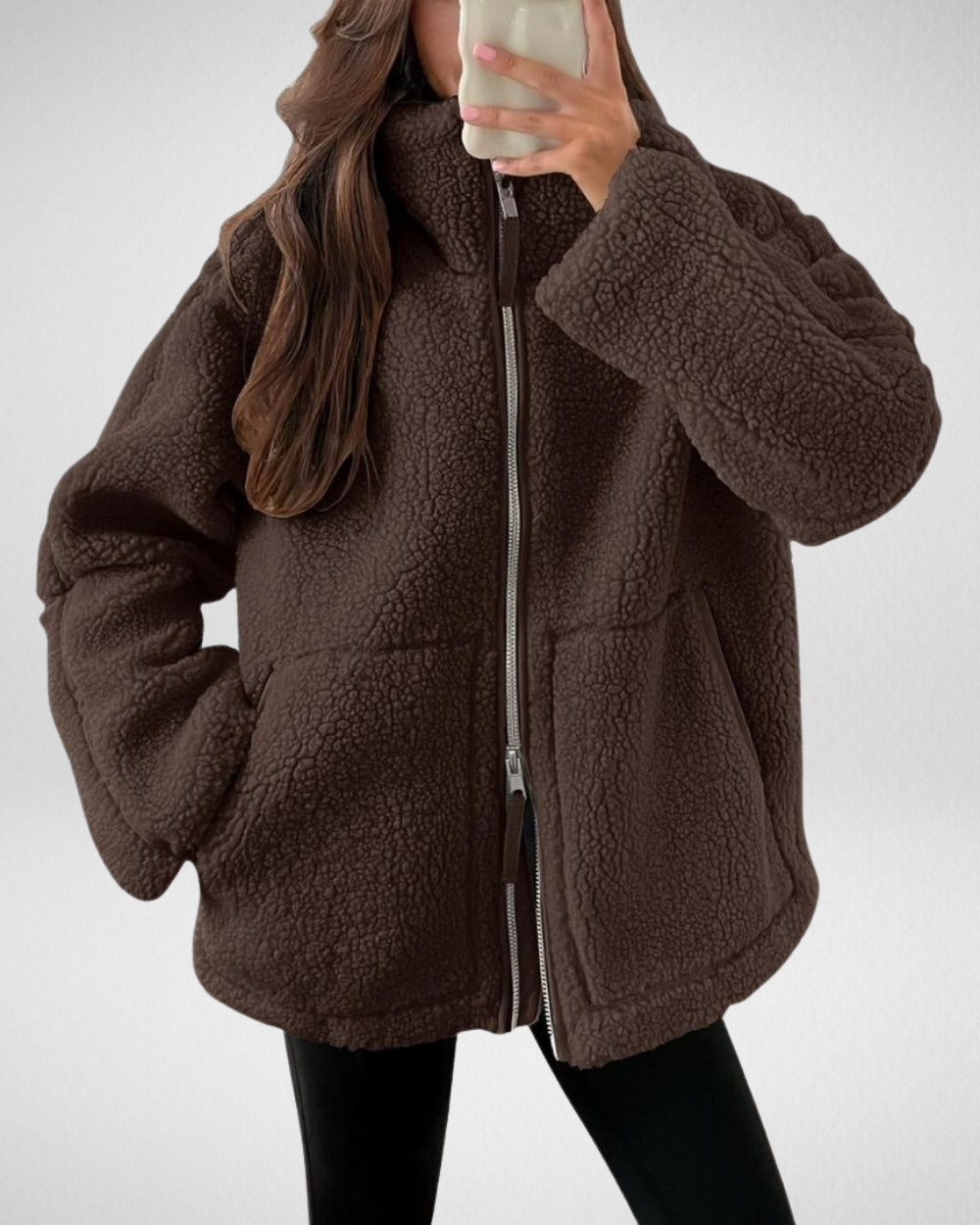 Odalys oversized sherpa jacket in dark brown, front view