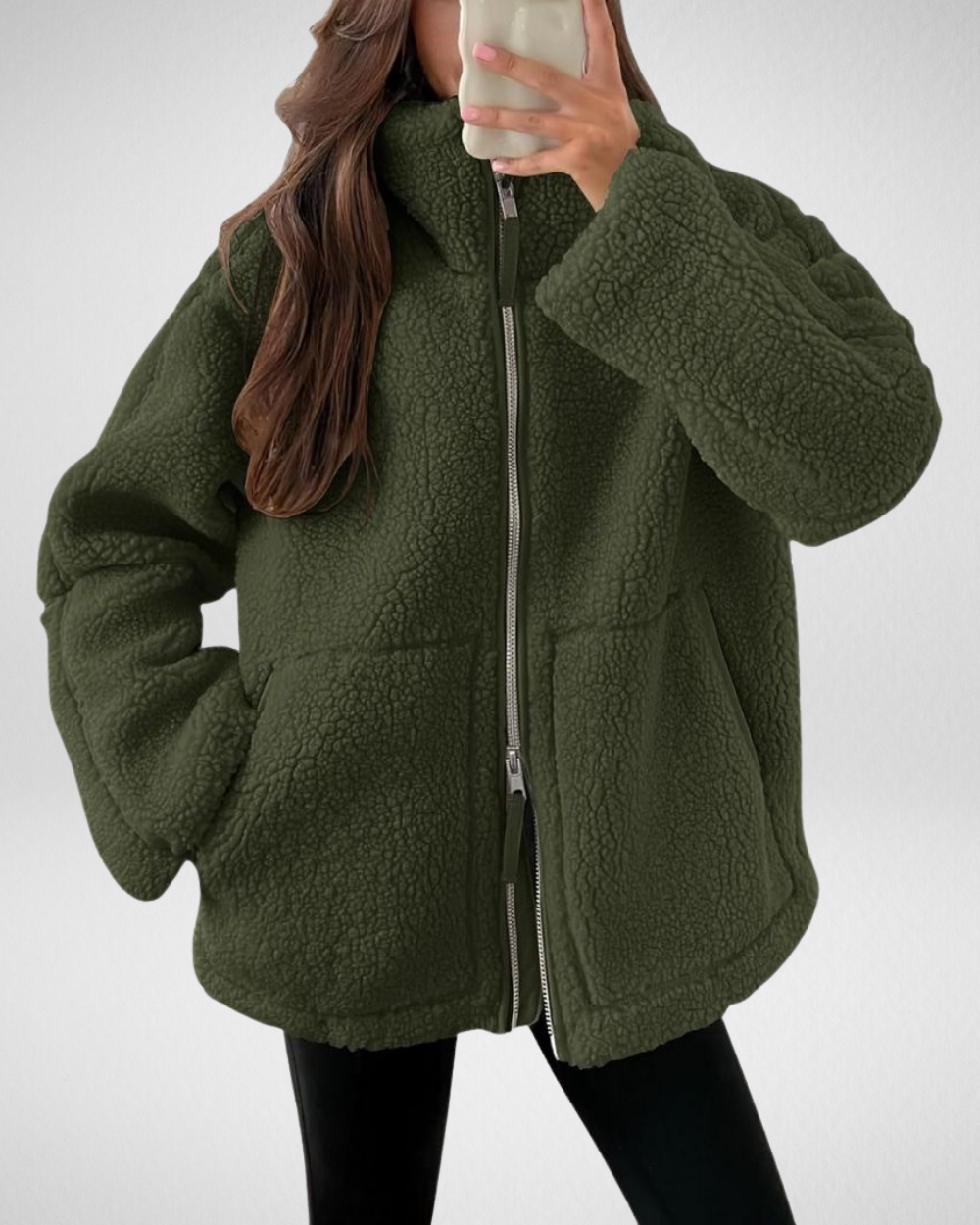 Odalys oversized sherpa jacket in dark brown, front view