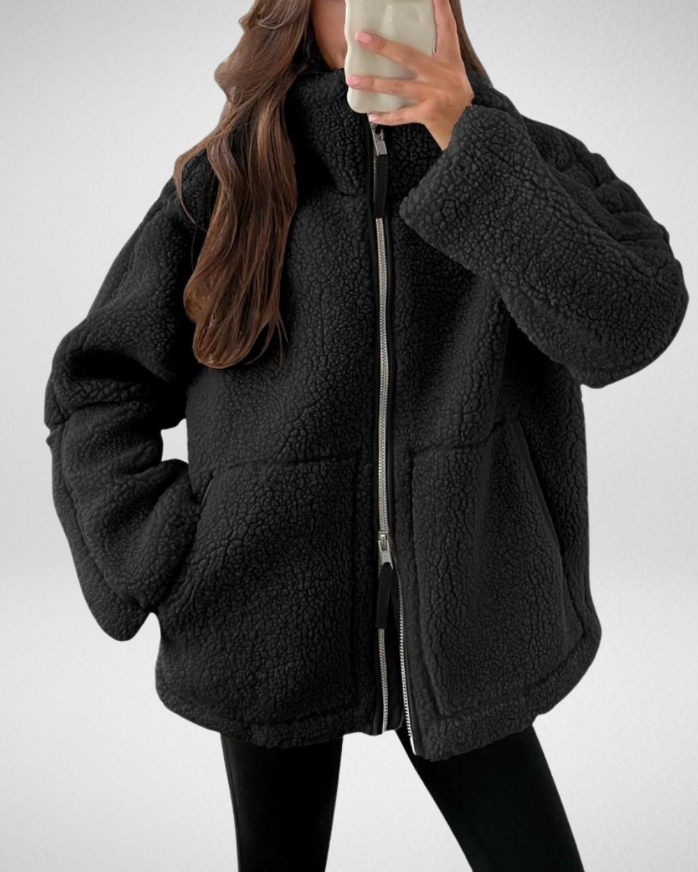 Odalys oversized sherpa jacket in dark brown, front view