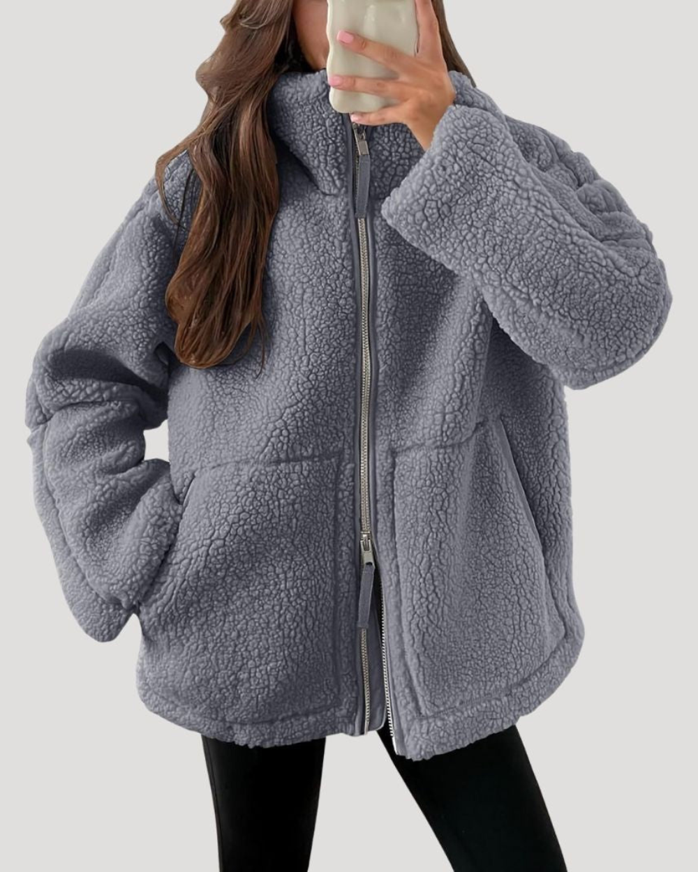 Odalys oversized sherpa jacket in dark brown, front view