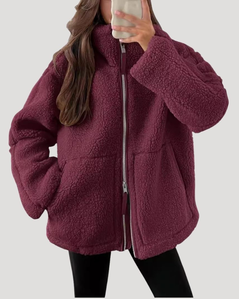 Odalys oversized sherpa jacket in dark brown, front view