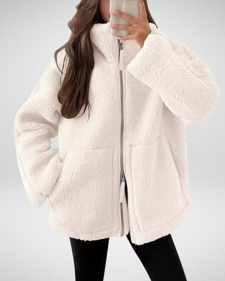 Odalys oversized sherpa jacket in dark brown, front view