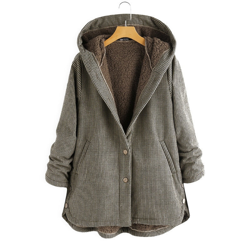 Esmeralda plaid hooded coat in brown, front view on hanger