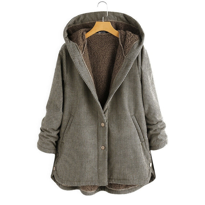 Esmeralda plaid hooded coat in brown, front view on hanger