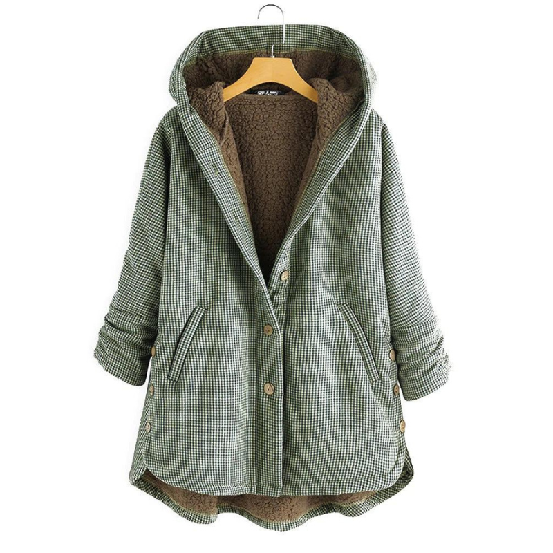 Esmeralda plaid hooded coat in green, front view on hanger