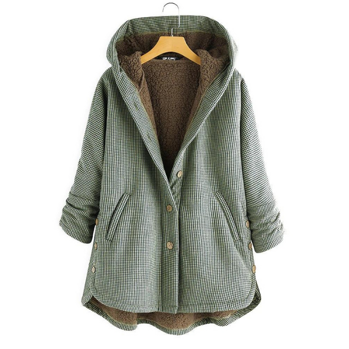 Esmeralda plaid hooded coat in green, front view on hanger