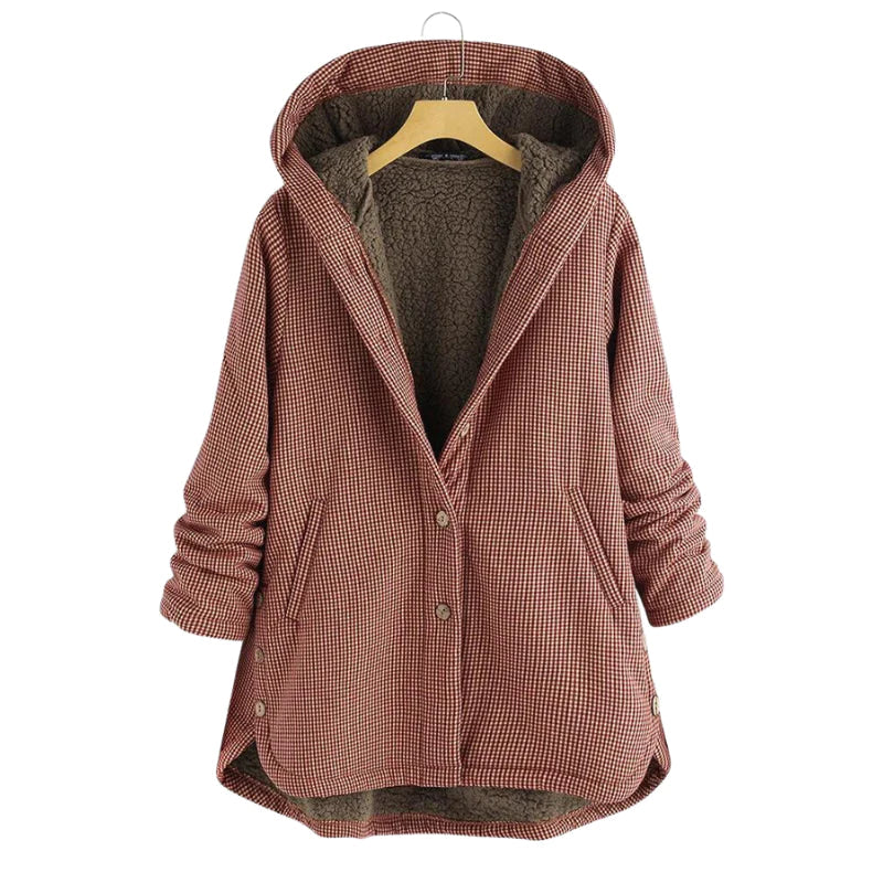 Esmeralda plaid hooded coat in red, front view on hanger