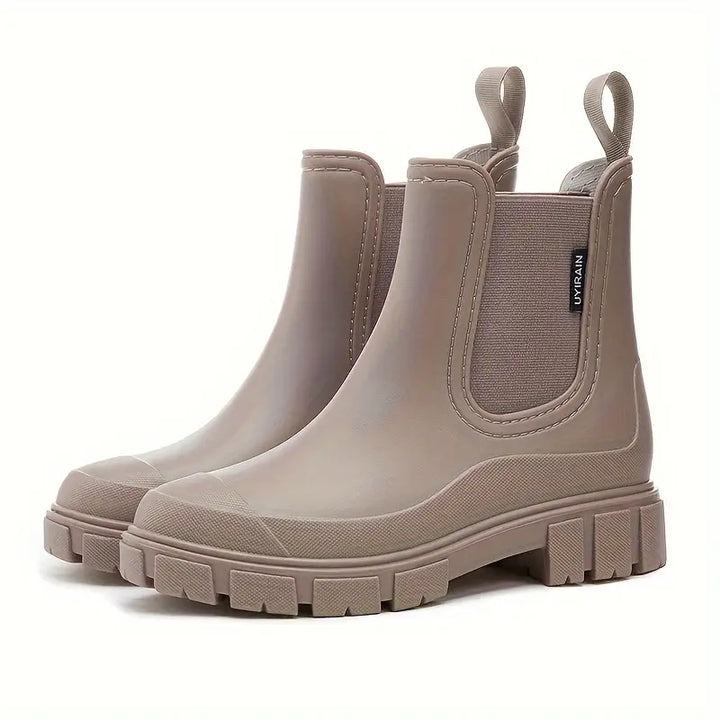 Noelani taupe platform Chelsea rain boots, side view