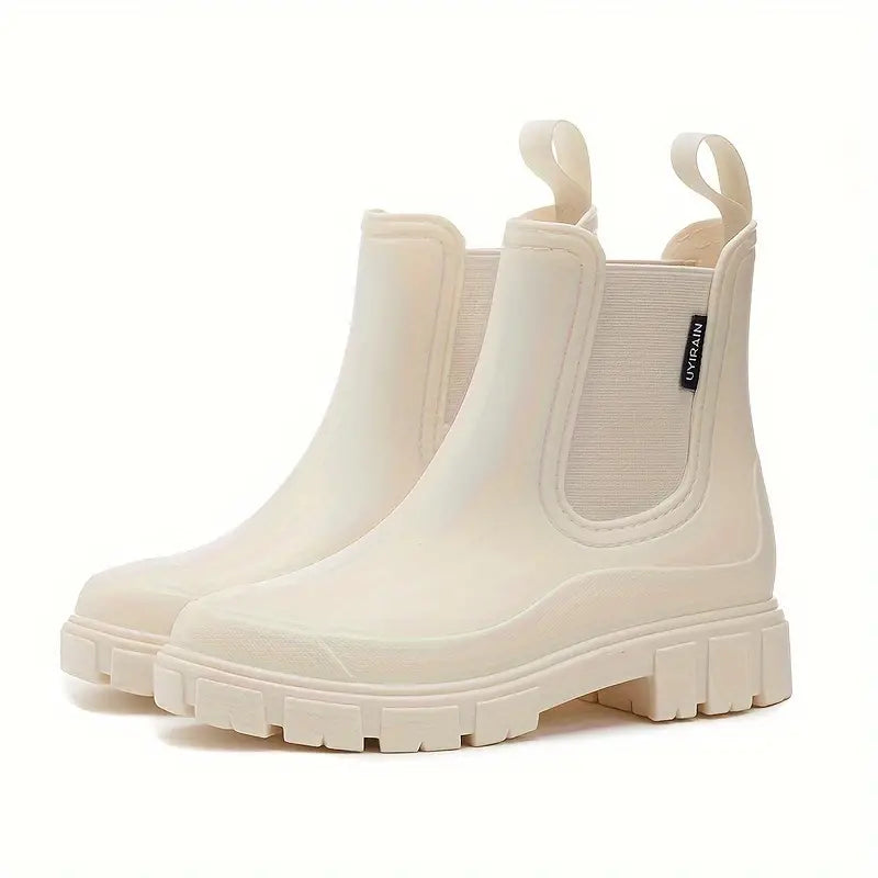 Noelani cream platform Chelsea rain boots, side view