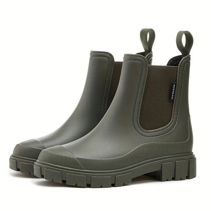 Noelani olive green platform Chelsea rain boots, side view
