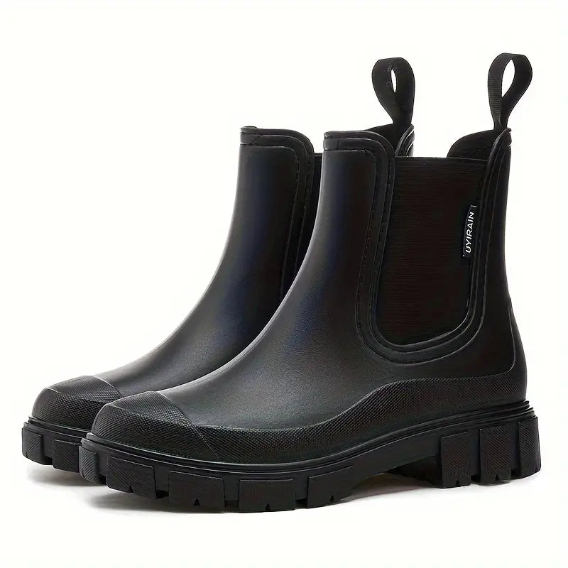 Noelani olive green platform Chelsea rain boots, side view