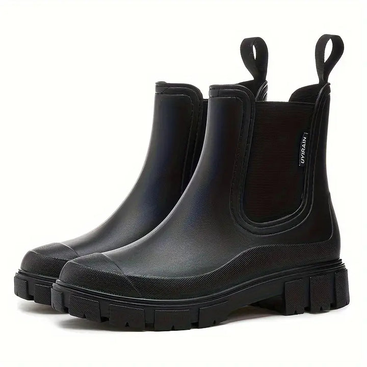 Noelani olive green platform Chelsea rain boots, side view