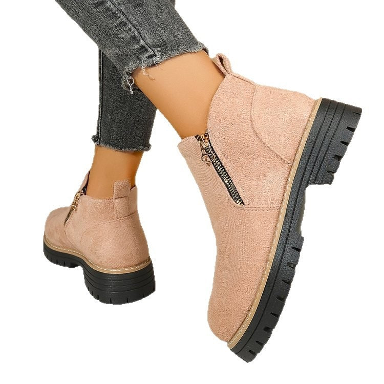 Pink platform ankle boots side zip detail, back and side view