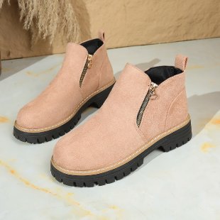 Pink platform ankle boots side zip detail, back and side view