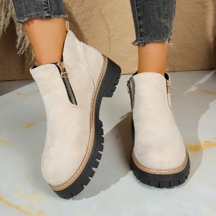 Pink platform ankle boots side zip detail, back and side view