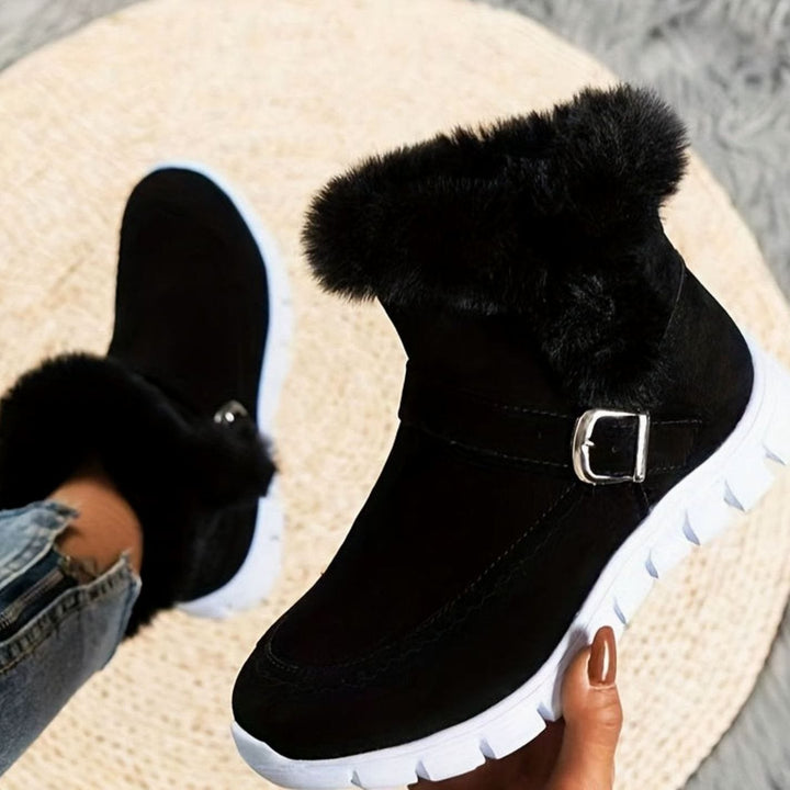 Harriet black plush-trimmed buckle ankle snow boots, top and side view