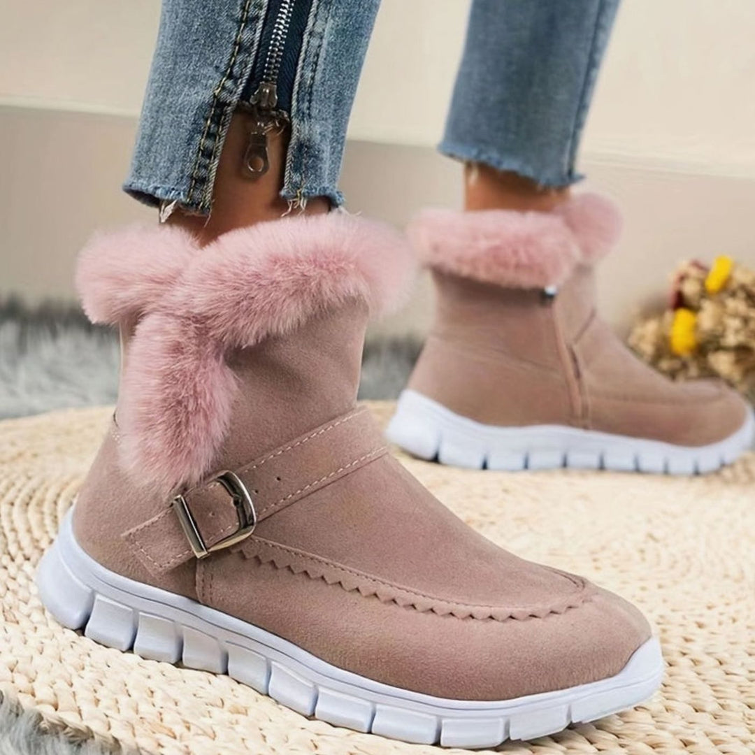 Harriet pink plush-trimmed ankle snow boots with zipper, worn on foot