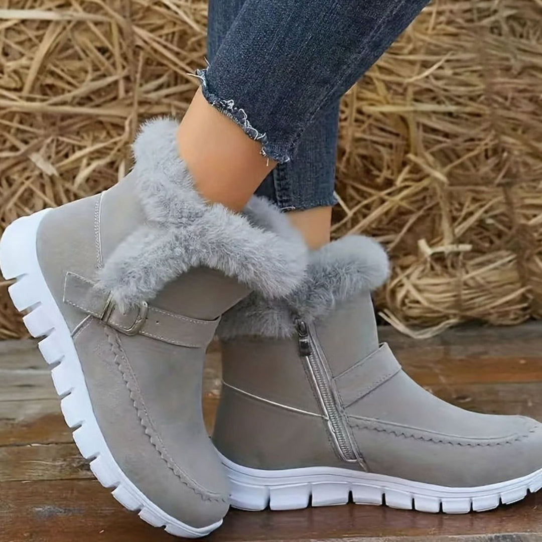 Harriet grey plush-trimmed ankle snow boots with side zipper, worn on foot