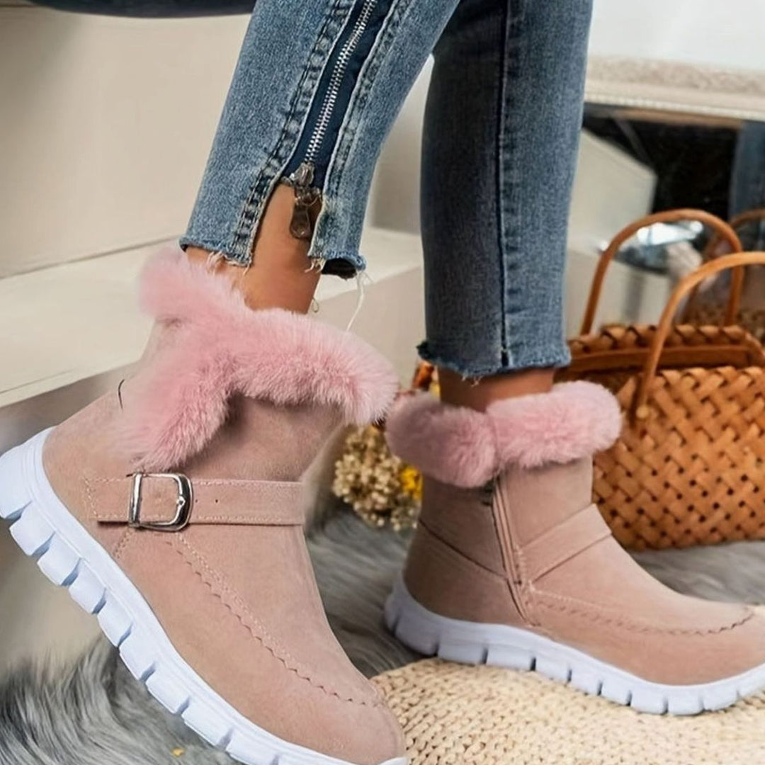 Harriet pink plush-trimmed buckle ankle snow boots, side view