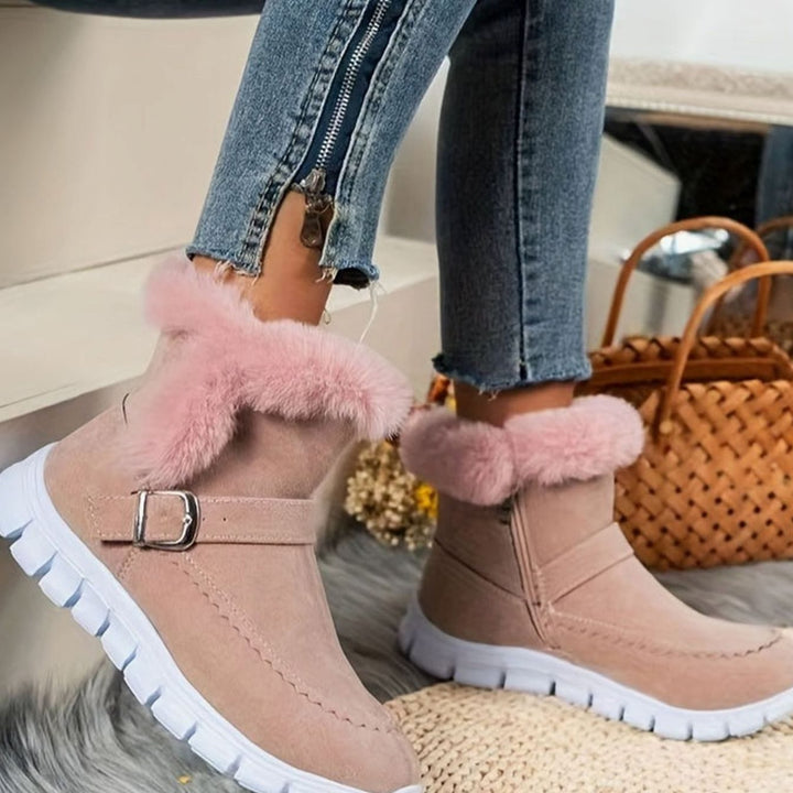Harriet pink plush-trimmed buckle ankle snow boots, side view
