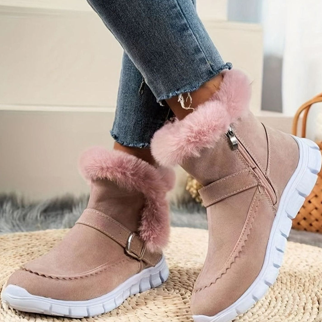 Harriet pink plush-trimmed ankle snow boots with zipper, worn on foot