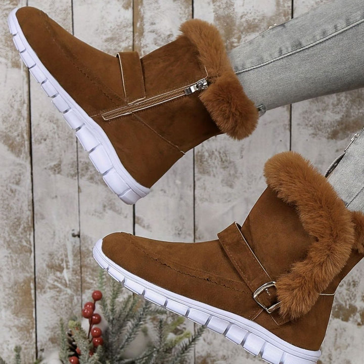 Harriet pink plush-trimmed ankle snow boots with zipper, worn on foot