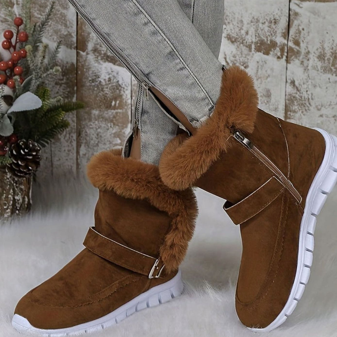 Harriet pink plush-trimmed ankle snow boots with zipper, worn on foot