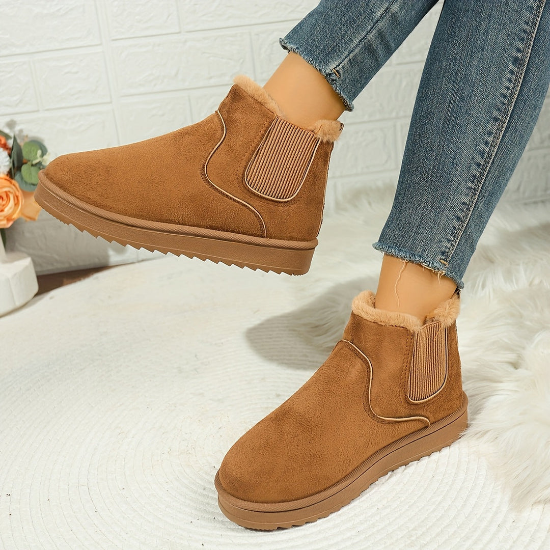 Odette brown plush platform ankle boots, close-up of fur lining and sole detail
