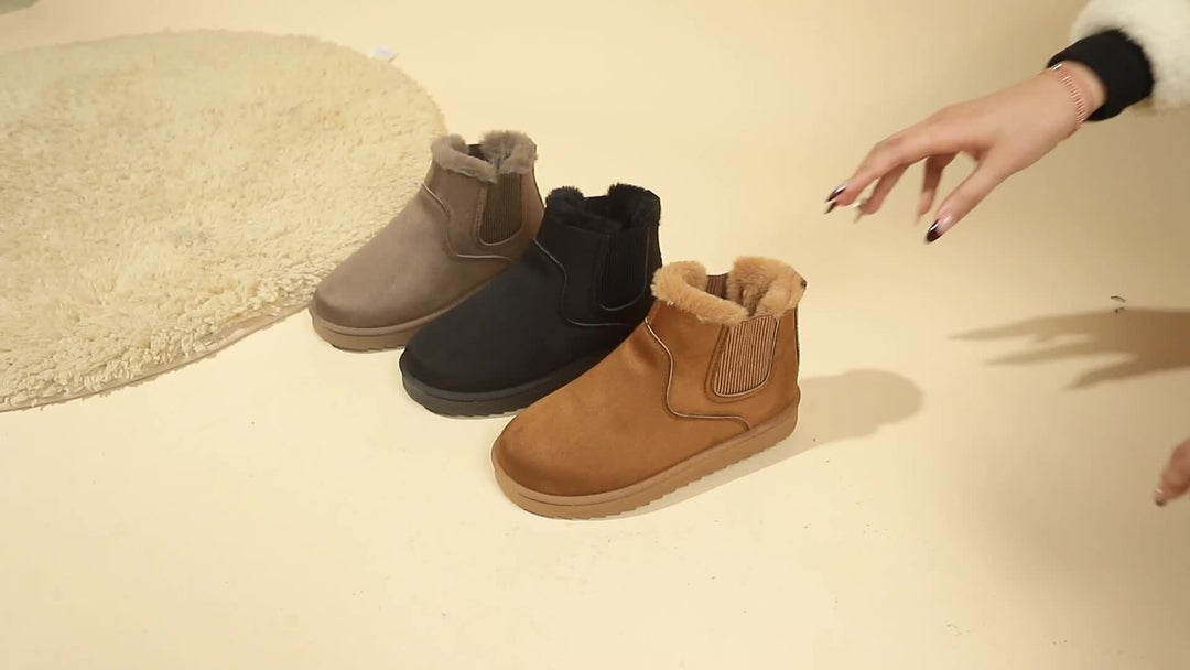 Odette brown plush platform ankle boots, close-up of fur lining and sole detail