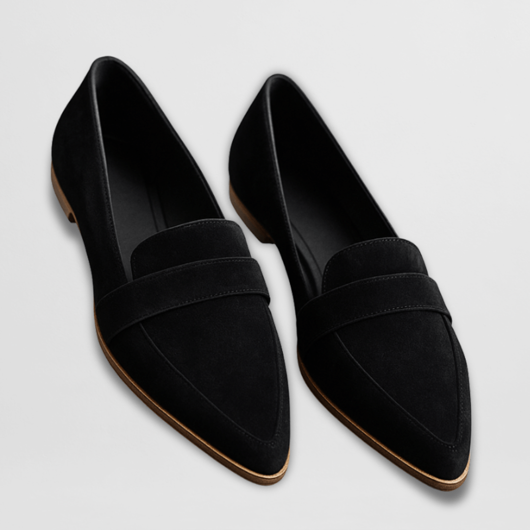 Rosalind black pointed toe slip-on loafers, angled front view