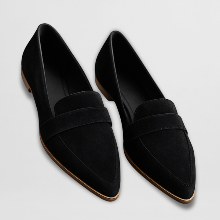 Rosalind black pointed toe slip-on loafers, angled front view