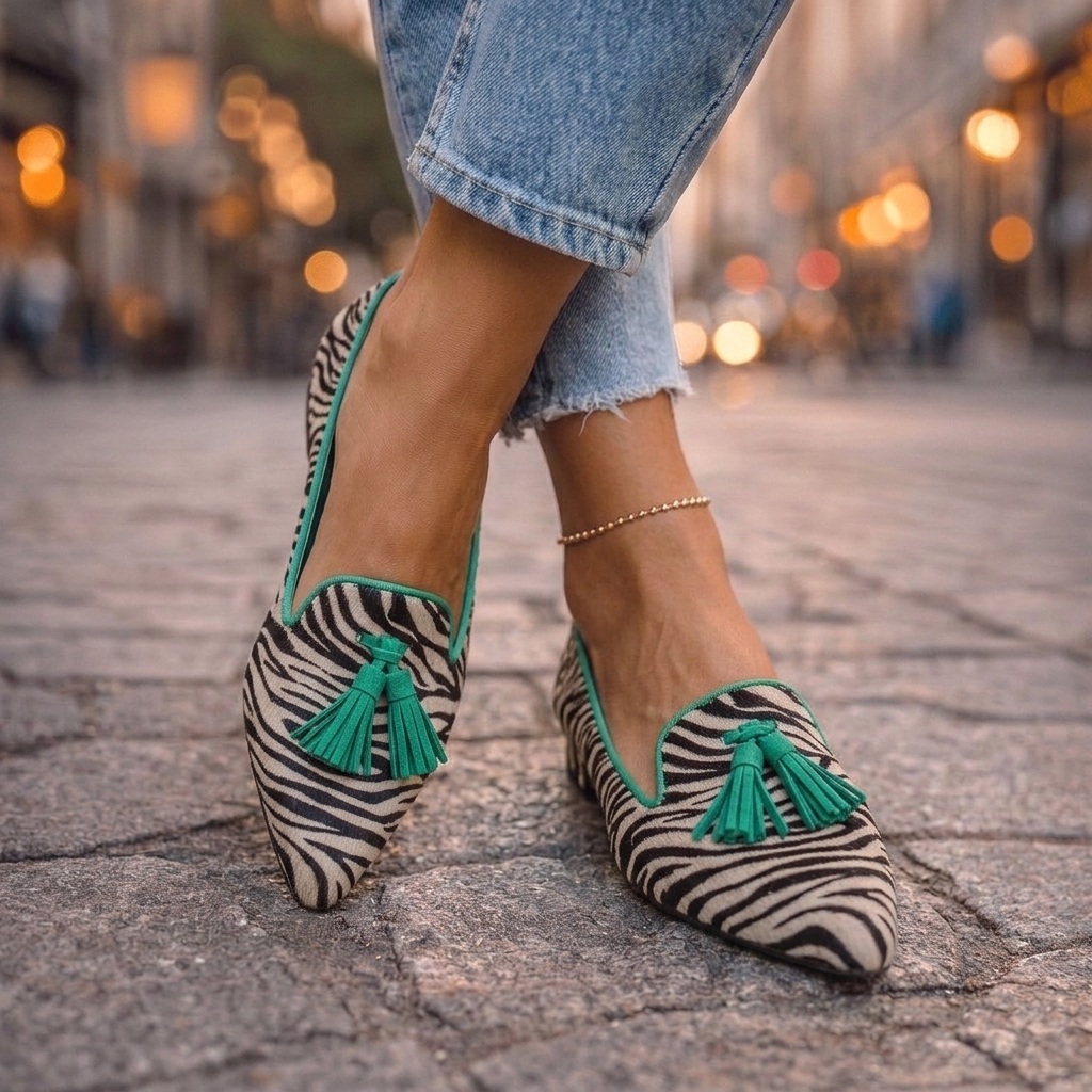 Marisol zebra print pointed toe loafers with green tassel detail, worn with denim