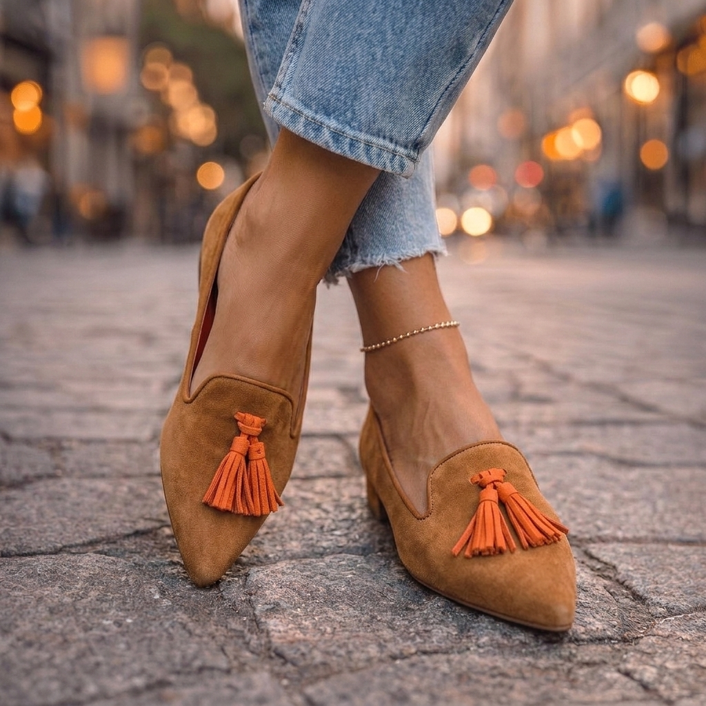 Marisol tan pointed toe loafers with orange tassel detail, worn with denim