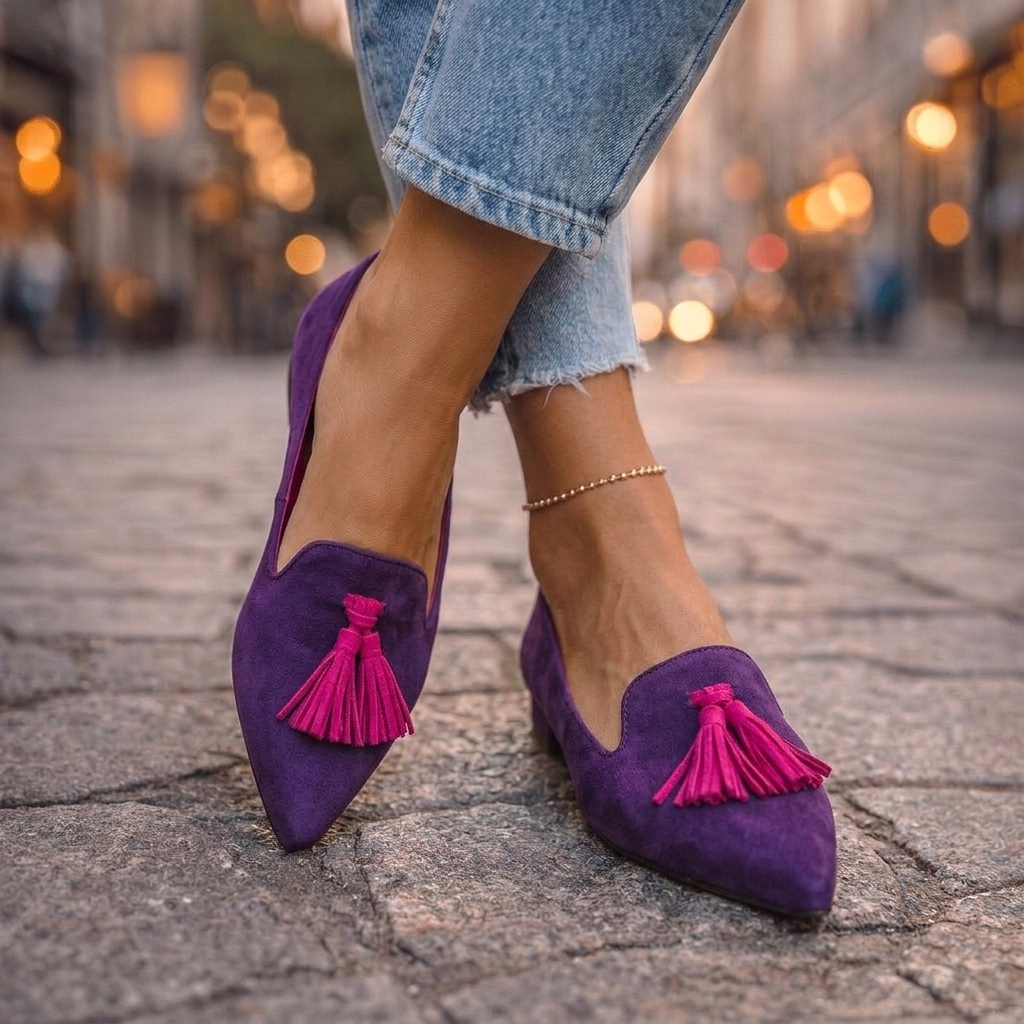 Marisol tan pointed toe loafers with orange tassel detail, worn with denim