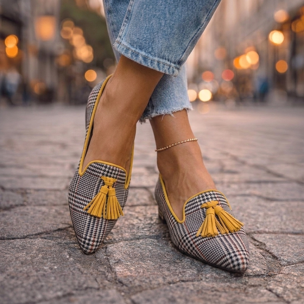 Marisol tan pointed toe loafers with orange tassel detail, worn with denim