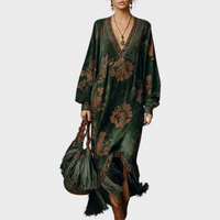 Women's Printed V-Neck Long Sleeve Fringe Maxi Dress | Marguerite