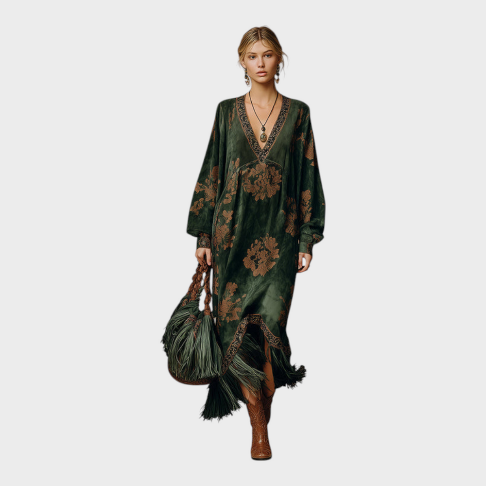 Marguerite printed V-neck fringe maxi dress, full front view
