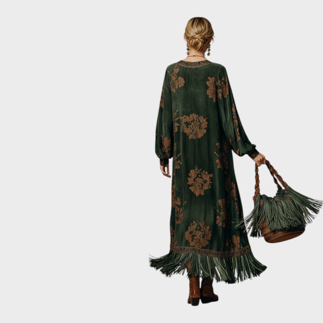 Marguerite printed fringe maxi dress, back view